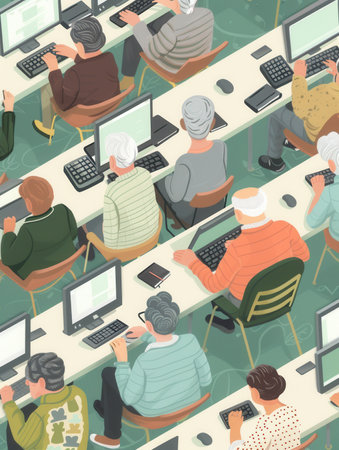 A group of seniors actively participates in computer lessons, utilizing laptops and desktops to enhance their digital literacy.の素材