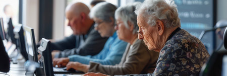A group of elderly individuals focus on their laptops, learning digital skills in a supportive community center environment.の素材