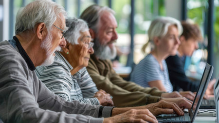 A group of older adults focuses on learning digital skills during a computer class at their community center, promoting lifelong learning.の素材