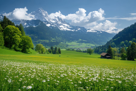 Experience a stunning Swiss spring day with vibrant fields of flowers, towering mountains, and a serene rural setting in full bloom.の素材