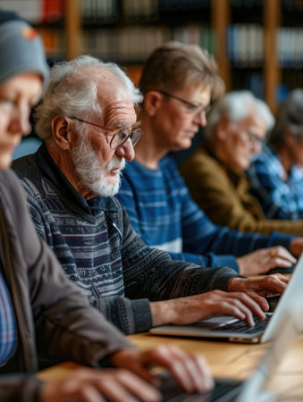 A group of elderly people focuses intently on their laptops during a computer course in a community center classroom.の素材