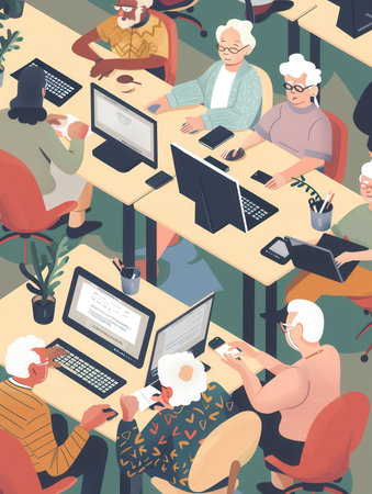 A diverse group of elderly people participate in computer courses, utilizing laptops and desktops to enhance their digital skills.の素材