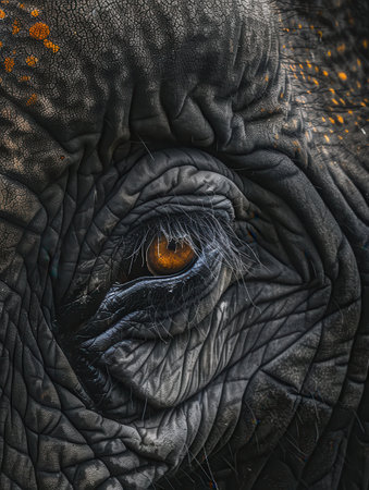 Examining the close-up details of an elephant's eye highlights the unique texture of its skin and the depth of its captivating gaze.の素材