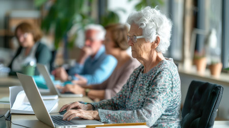 A group of elderly participants engages in computer courses, actively learning to navigate laptops and desktop computers together.の素材