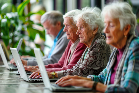 A group of elderly individuals focused on learning computer skills during a class at a community center, using laptops attentively.の素材
