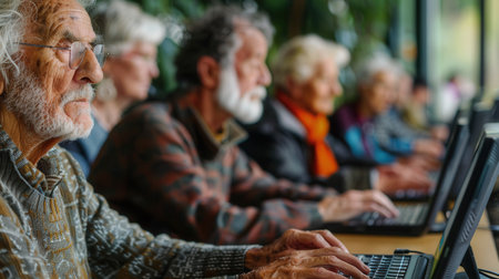 A group of elderly participants is focused on mastering computer skills during a community course in a bright, inviting space.の素材