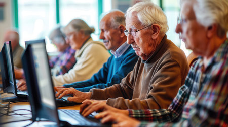 A group of elderly individuals focuses on their laptops during a computer course aimed at improving their tech skills.の素材
