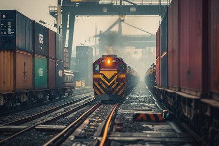 A freight train is being loaded with cargo containers at a railway station, creating a bustling atmosphere in the fog.の素材