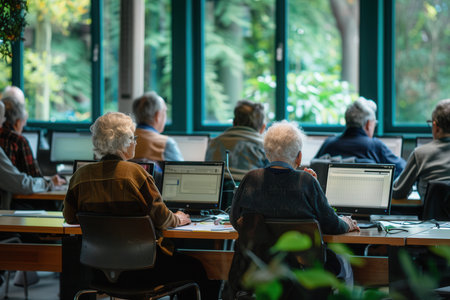 A group of elderly participants is focused on their computer coursework, using laptops and desktops in a lively learning space.の素材