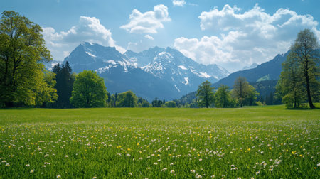 Lush green fields adorned with wildflowers stretch under the breathtaking Swiss Alps while the sun shines brightly in spring.の素材