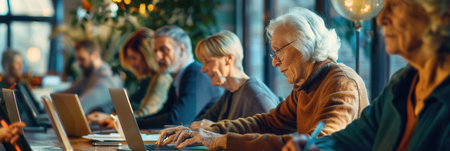 A group of elderly individuals participates in computer courses, actively using laptops and desktops to enhance their skills.の素材