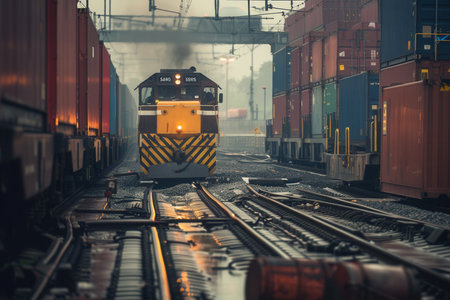 A freight train is being loaded with shipping containers at a busy railway station on a cloudy day, showcasing industrial activity.の素材