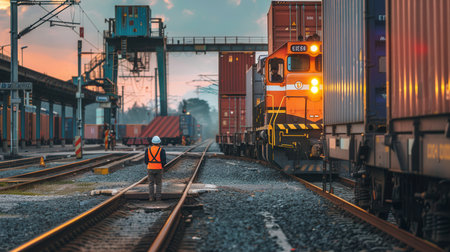 A freight train is being loaded with shipping containers at a busy railway station during sunset, showcasing logistics in action.の素材
