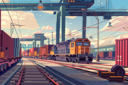 A freight train is being loaded with containers at a railway station, showcasing transportation activity under a bright sky.の素材