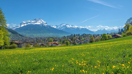 Springtime reveals a lush green meadow dotted with flowers, framed by majestic mountains and a charming Swiss village under a clear blue sky.の素材
