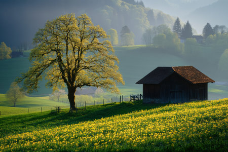 Bright yellow dandelions bloom in a lush green field beside a rustic barn and a large tree under gentle morning sunlight in Switzerland.の素材