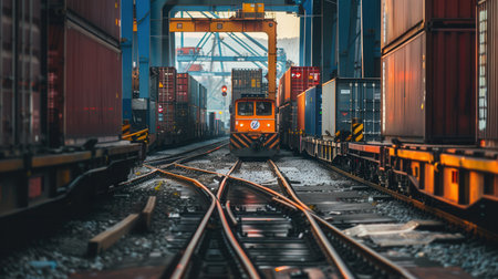 A freight train is being loaded with large containers at a busy railway station, highlighting the logistics activity in an industrial area.の素材