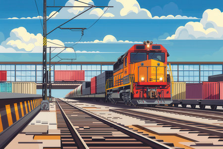 Freight containers are being meticulously loaded onto a train at a bustling railway station under a bright blue sky.の素材