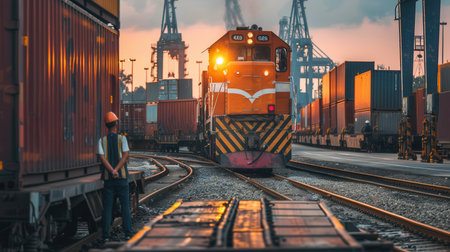 A freight train is actively being loaded with containers at a railway station as the sun sets, creating a colorful sky.の素材