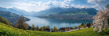 Spring brings vibrant flowers and stunning views of Lake Thun and snow-capped Alps, showing natural beauty and tranquility in Switzerland.の素材