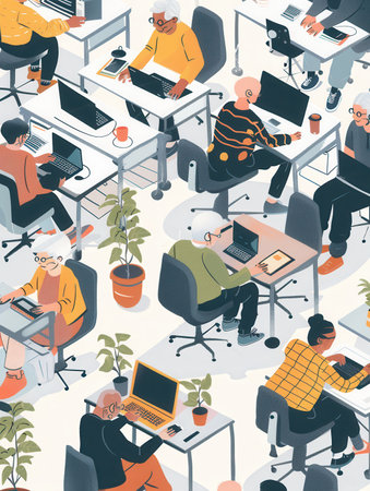 A group of elderly developing practices their computer skills using laptops and desktop computers in a vibrant classroom setting.の素材