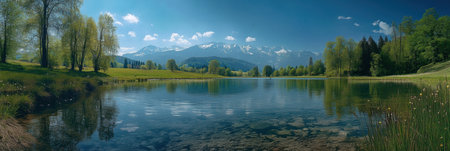 Visit Great Spring in Switzerland where vibrant greenery meets clear waters, creating a tranquil atmosphere in the heart of nature.の素材