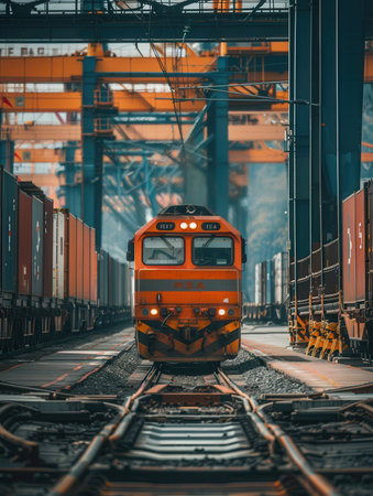 A freight train is actively being loaded with cargo containers at a busy railway station, showing efficient logistics operations.の素材