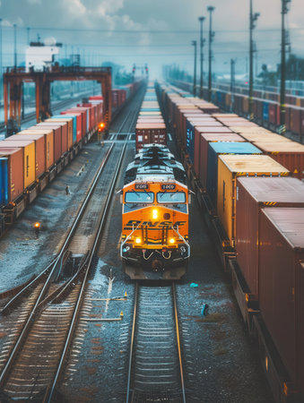A freight train is being loaded with containers at a bustling railway station under a cloudy sky in the afternoon.の素材