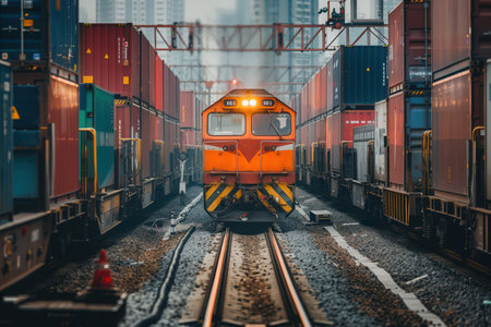 A freight train is being loaded with containers at a busy railway station, surrounded by towering storage units under cloudy skies.の素材