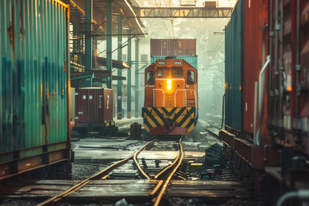 A freight train is being loaded with colorful containers at a busy railway station in the early morning mist.の素材
