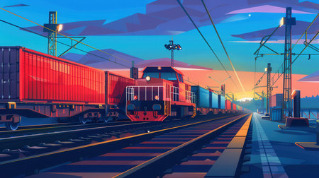 A freight train is being loaded with colorful containers at a railway station as the sun sets, casting warm light across the tracks.の素材