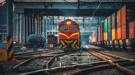 A freight train is being loaded with containers at a busy railway station, illustrating transportation activity in the late afternoon.の素材