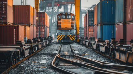 A freight train is being loaded with cargo containers at a busy railway station, showing the logistics of transportation.の素材