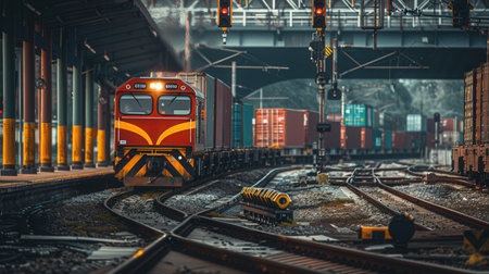 A freight train arrives at a railway station, getting loaded with shipping containers amid bustling industrial operations.の素材