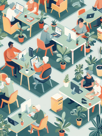 A diverse group of elderly learners is actively participating in computer courses, enhancing their digital skills with laptops and desktops.の素材