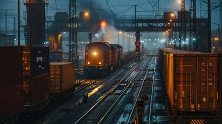 A freight train is being loaded with numerous containers as dusk settles over the active railway station.の素材