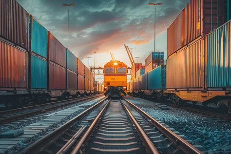 A freight train is being loaded with colorful containers at a busy railway station as the sun sets on the horizon.の素材