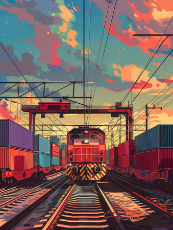 At a railway station, a freight train is being loaded with containers as the sunset paints the sky in vibrant colors.の素材