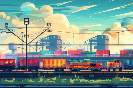 A freight train is being loaded with cargo containers at a railway station as the sun sets, casting a colorful glow over the scene.の素材