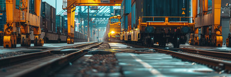 A freight train is being loaded with colorful containers at a busy railway station, surrounded by industrial activity and machinery.の素材