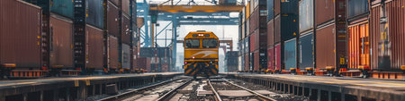 A freight train is being loaded with containers at a railway station, showing the bustling activity of cargo transportation.の素材