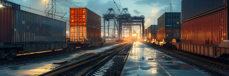A freight train is being loaded with colorful containers at a railway station under a dusky sky, showcasing bustling transport activity.の素材
