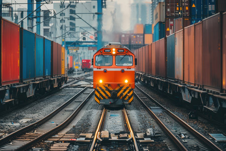 A freight train is being loaded with colorful containers at a bustling railway station surrounded by industrial structures.の素材