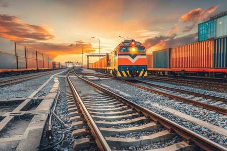 A freight train is being loaded with colorful containers at a busy railway station as the sun sets, casting vibrant colors in the sky.の素材