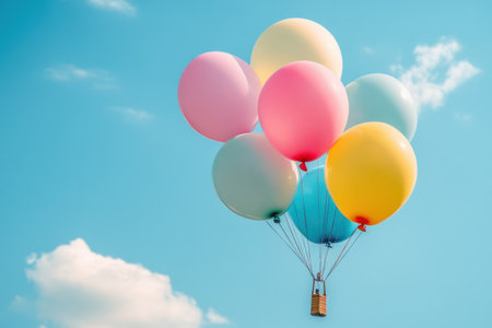 A vibrant array of balloons ascends into a brilliant blue sky, creating a joyful atmosphere filled with color and light.の素材