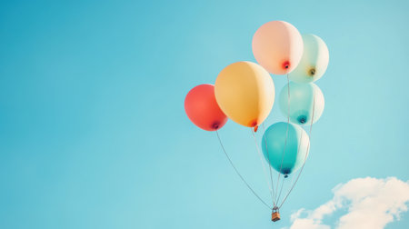 Colorful balloons rise high in the clear blue sky, creating a joyful display against the bright sunlight of a beautiful day.の素材