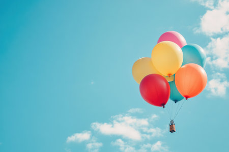 A vibrant cluster of balloons rises against a bright blue sky, evoking feelings of happiness and celebration on a lovely day.の素材