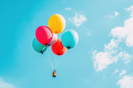 A vibrant assortment of balloons floats gracefully in the clear sky, creating a cheerful atmosphere on a beautiful day.の素材