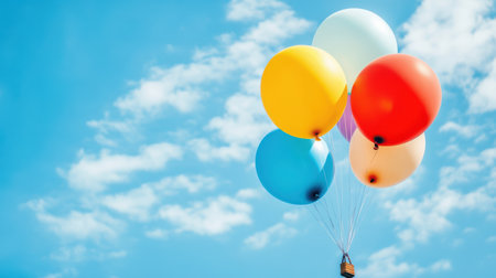 Colorful balloons ascend into the clear blue sky, creating a cheerful scene filled with a sense of freedom and joy.の素材