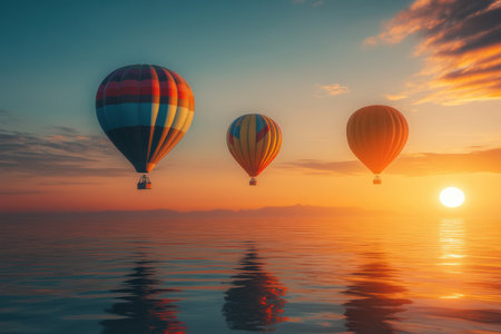 Hot air balloons in vivid hues gracefully soar over a calm sea, illuminated by a warm golden sunset horizon.の素材